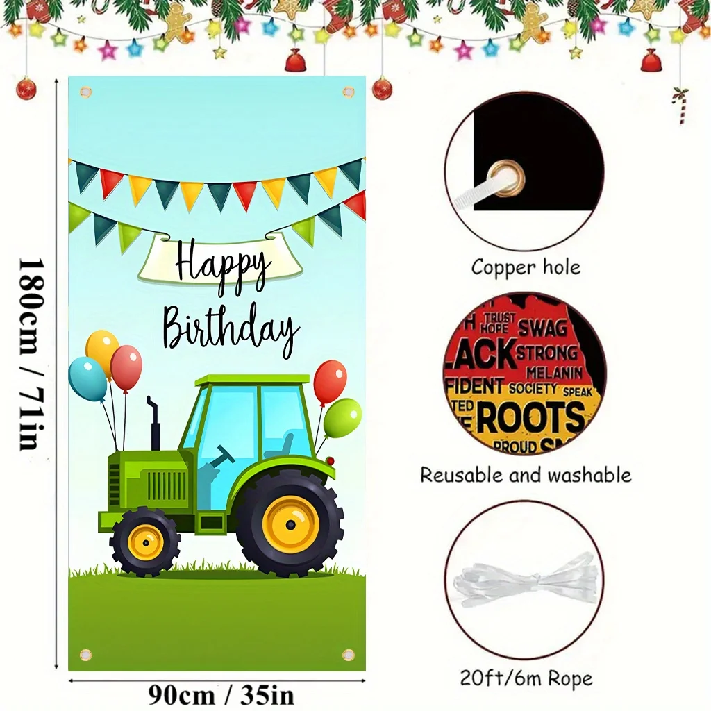 1 item, green tractor with balloons and banners, polyester fiber indoor/outdoor artistic decorative drapery