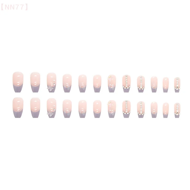 24 قطعة من الماس على شكل فراشة أرجوانية وردية حلوة طازجة اضغط على الرأس المربع أظافر صناعية طويلة مع غراء أظافر صناعية قابلة للإزالة