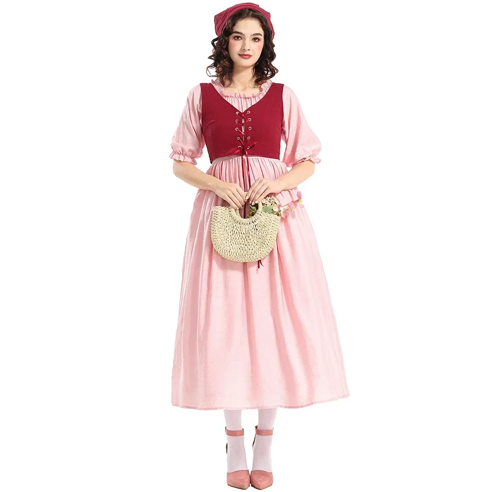 ピンクビクトリア朝ルネッサンスパーティードレスベスト女性ミッドスリーブヴィンテージ中世ボールガウン牧歌的な衣装ハロウィンコスプレ
