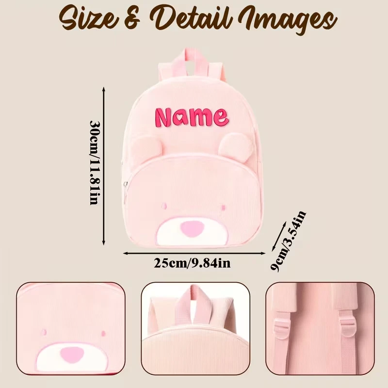 Personalisierter Kinderrucksack mit Namensstickerei, Pastellfarbener Cord-Kleinkindrucksack, Weicher Gerippter Stoff, Schulrucksack, Süßes Kindergarten-Geschenk – Detail 2