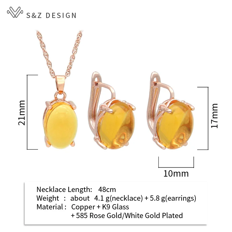 S&Z DESIGN New Fashion Egg Shape Oval Dangle Earrings Jewelry Sets For Women Wedding 585 Rose Gold Color Pendant Necklace