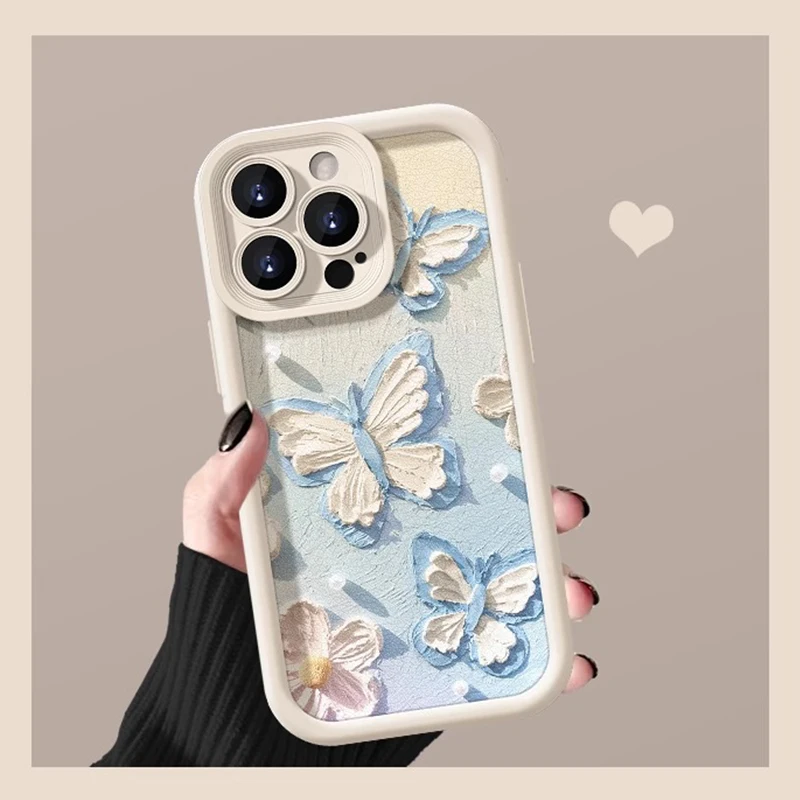 Simple Oil Painting Butterfly INS Blue Pink Phone Case For iPhone 16 15 14 13 12 11 Pro Max XR XS MAX 7 8 PLUS MINI Y2K Cover ﻿