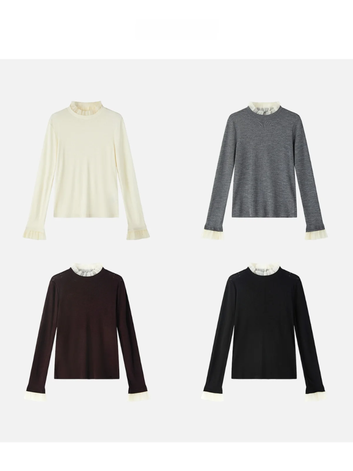 

JINGJING2026 Новинка: Женская вязаная кофта с воротником-стойкой, кружевными вставками и длинными рукавами во французском стиле, 100% шерсть