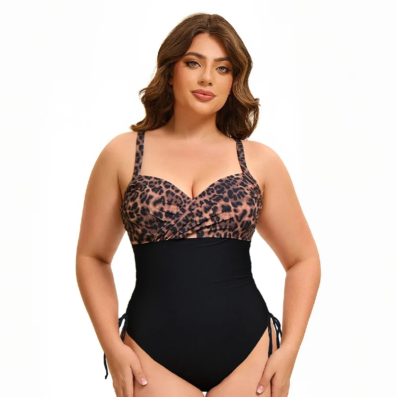 2026 New Large Plus Size Leopard One Piece Swimsuit Women V-neck Swimwear Female Bathers Bathing Swimming Swim Suit Beachwear