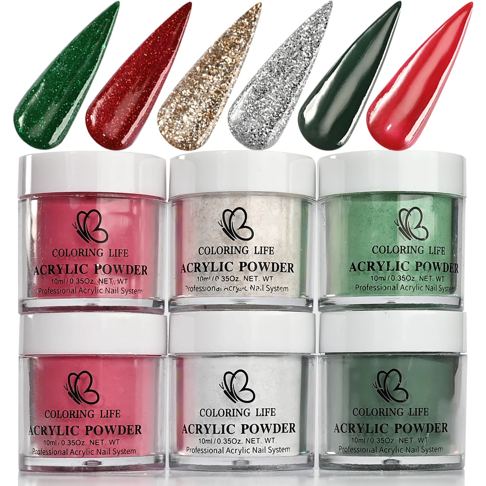 6Jars/Set Christmas Series Nail Acrylic Powder Glitter Red Green Gold Silver Polymer For Nails Extension Carving Flower Pigment