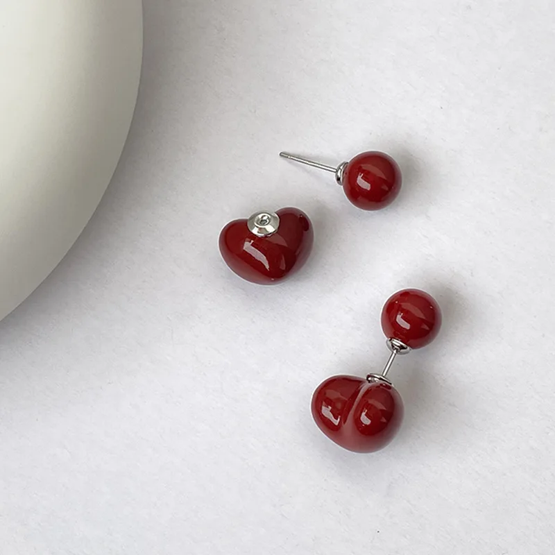 Double Sided Red Heart Stud Earrings for Women Sweet Wine Red Heart Ball Two Wear Design Ear Stud Trend Daily Fashion Jewelry