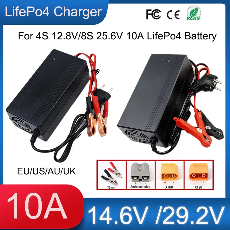 14.6V 29.2V 10A LiFePO4 Battery Charger AC110-220V With Fan,For 4S 12V12.8V 8S 24V 25.6V Lithium iron Battery Pack Fast Charging