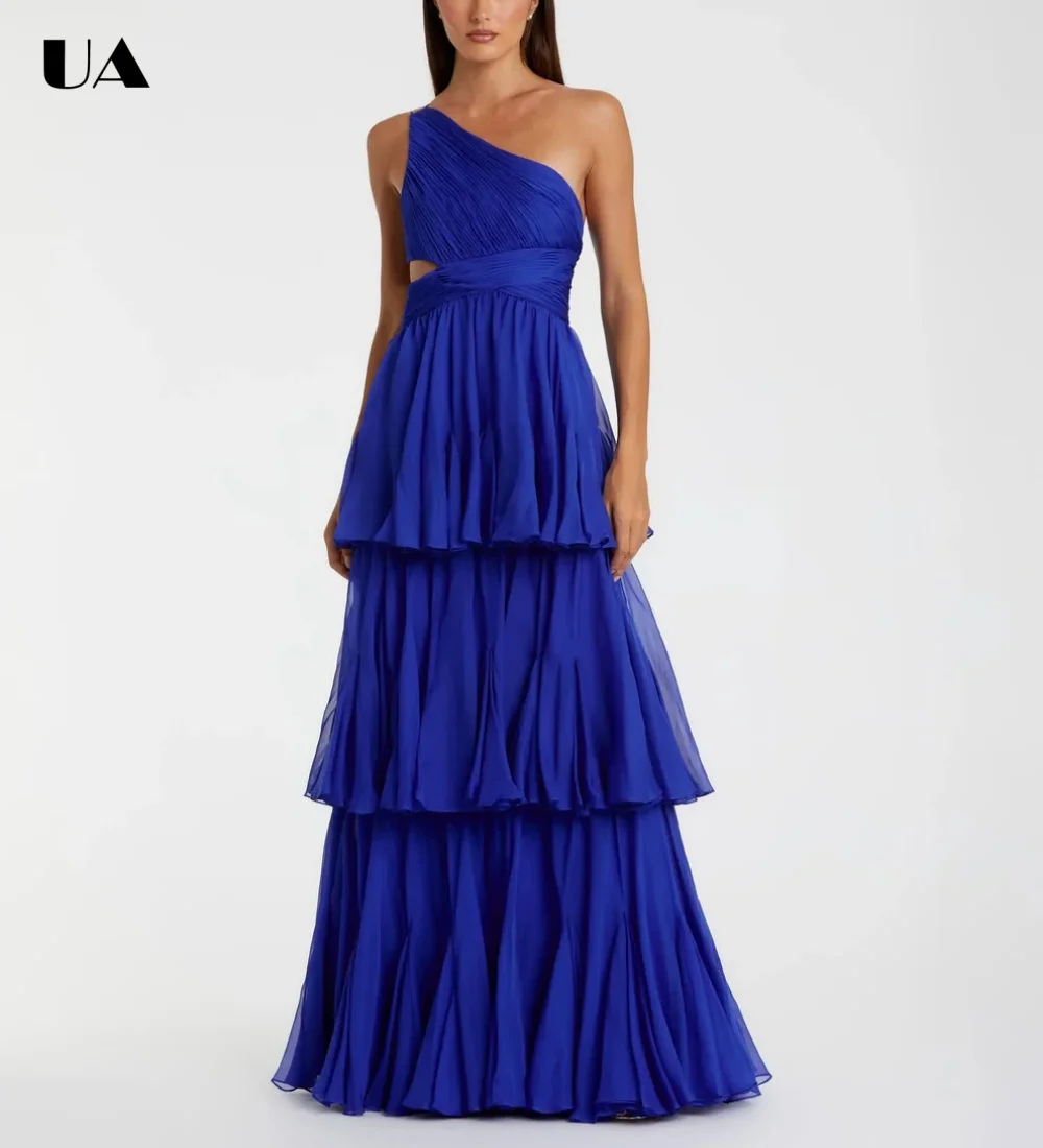 

ULBYANRY Customized Chiffon Tiered Ruffled Prom Dresses for Women, Elegant Asymmetrical Neck Evening Dress, Solid Backless Dress