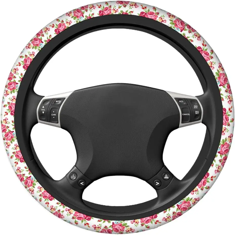 Rose and Leaves Pink Car Steering Wheel Cover Universal 15 Inch with Grip Contours Beautiful Floral Pattern with Red Rose