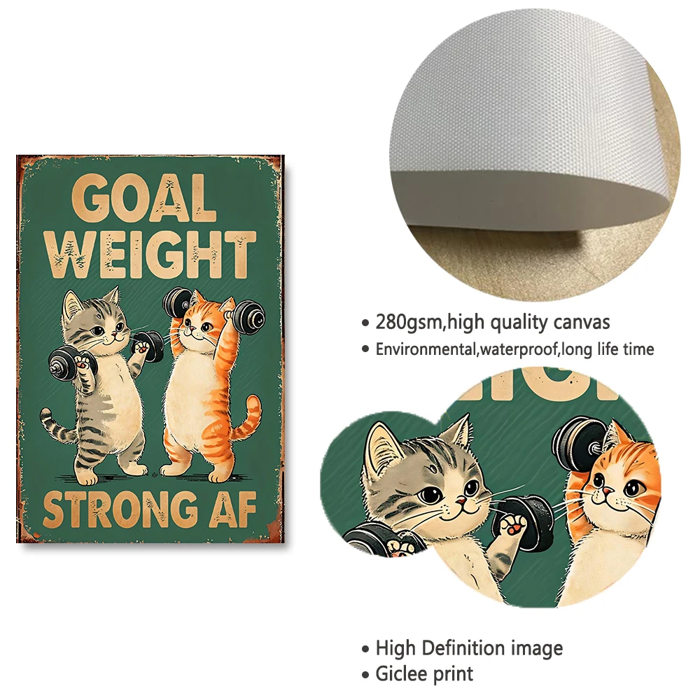 Vintage Gym Cats Goal Weight Posters Canvas Painting Workout Inspiration Fitness Humor Wall Art Pictures for Living Room Decor