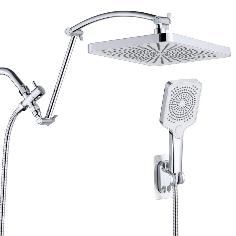 Large panel Rectangle Rain Shower Head With Handheld Spray Combo With Diverter,Height/Angle Adjustable Extension Shower Arm