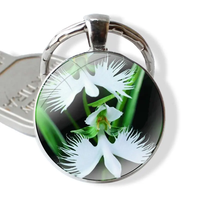 Fashion Cartoon Design Creative Keychain Handmade Glass Cabochon Key Ring Holder Pendant Key Chains White Egret Orchid