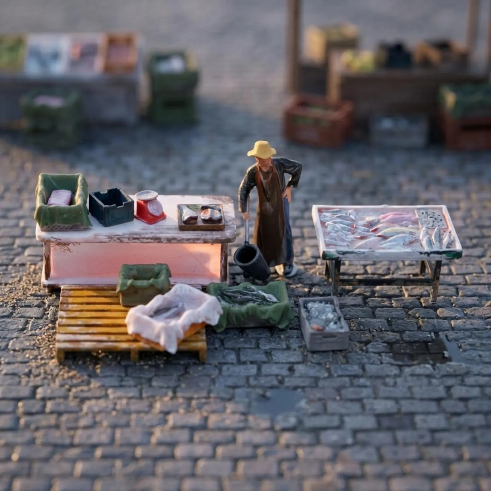 

Fish Seller Figurine Scene Display Market Stall Model Seafood Stall Miniature Collectible Seafood Stand Miniature