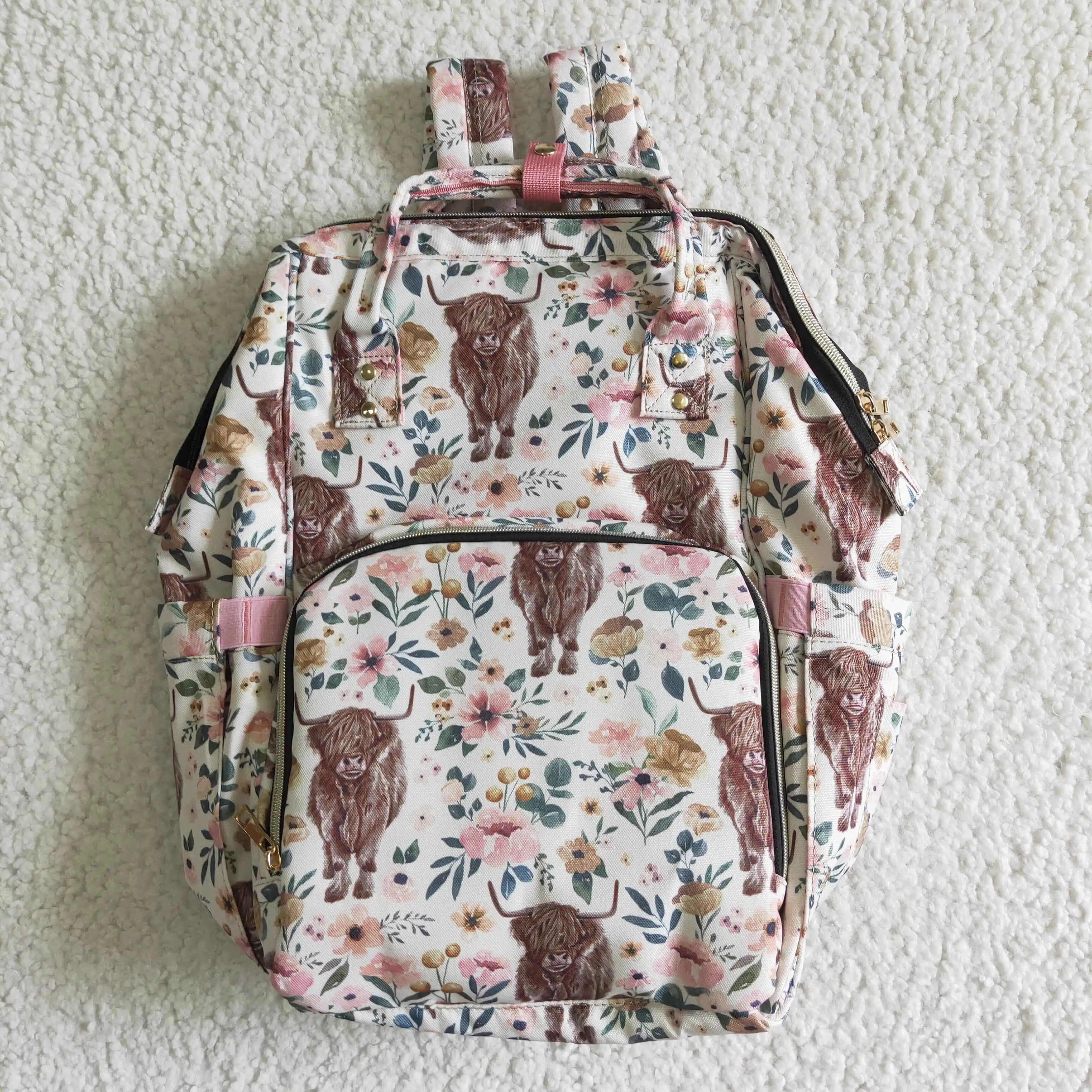 

Children Western Highland Cow Flower Backpack Travel Daypack Toddler Outdoor Portable Wholesale Teen Girl Kids Floral School Bag