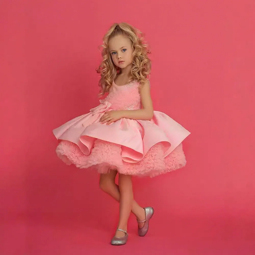 Children's Sequin Sleeveless Big Bow Tiered Dress Fashion Show Luxury Little Girl Dresses Toddler Special Occasion Princess Gown