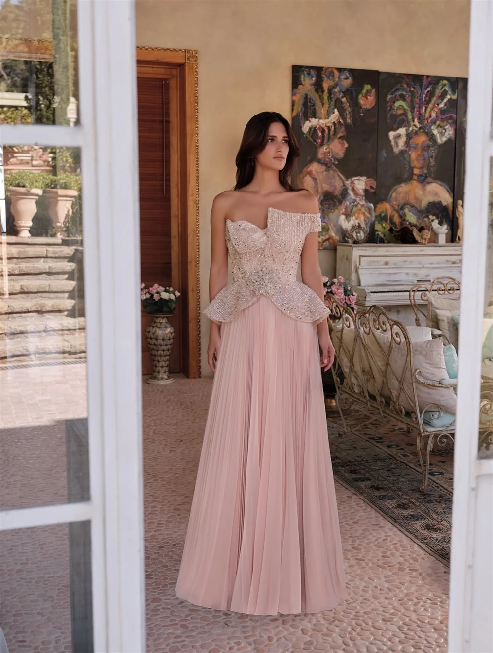 

Customized Formal Tulle Evening Dresses Fashion Off the Shoulder Homecoming Dresses Temperament Sweep Train Vestido De Festa