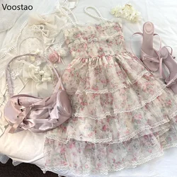 Sweet Elegant Lace Ruffles Lolita Mini Dress Women Kawaii Floral Print Princess Strap Dresses Korean Girls Beach Fairy Dress