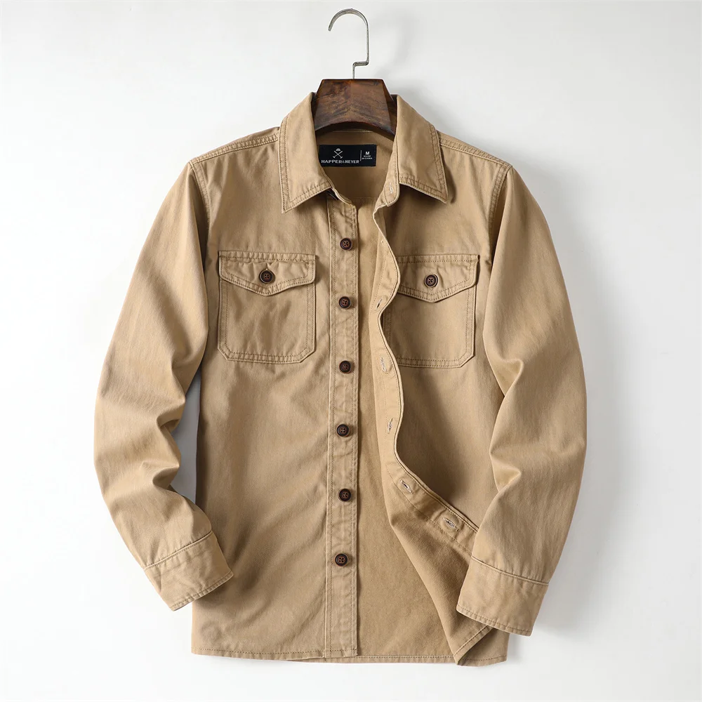 Men's Retro Style Long Sleeve Cargo Shirts Solid Color Multi-Pockets Cotton Casual Shirts Outdoor Fashion Shirts for Autumn