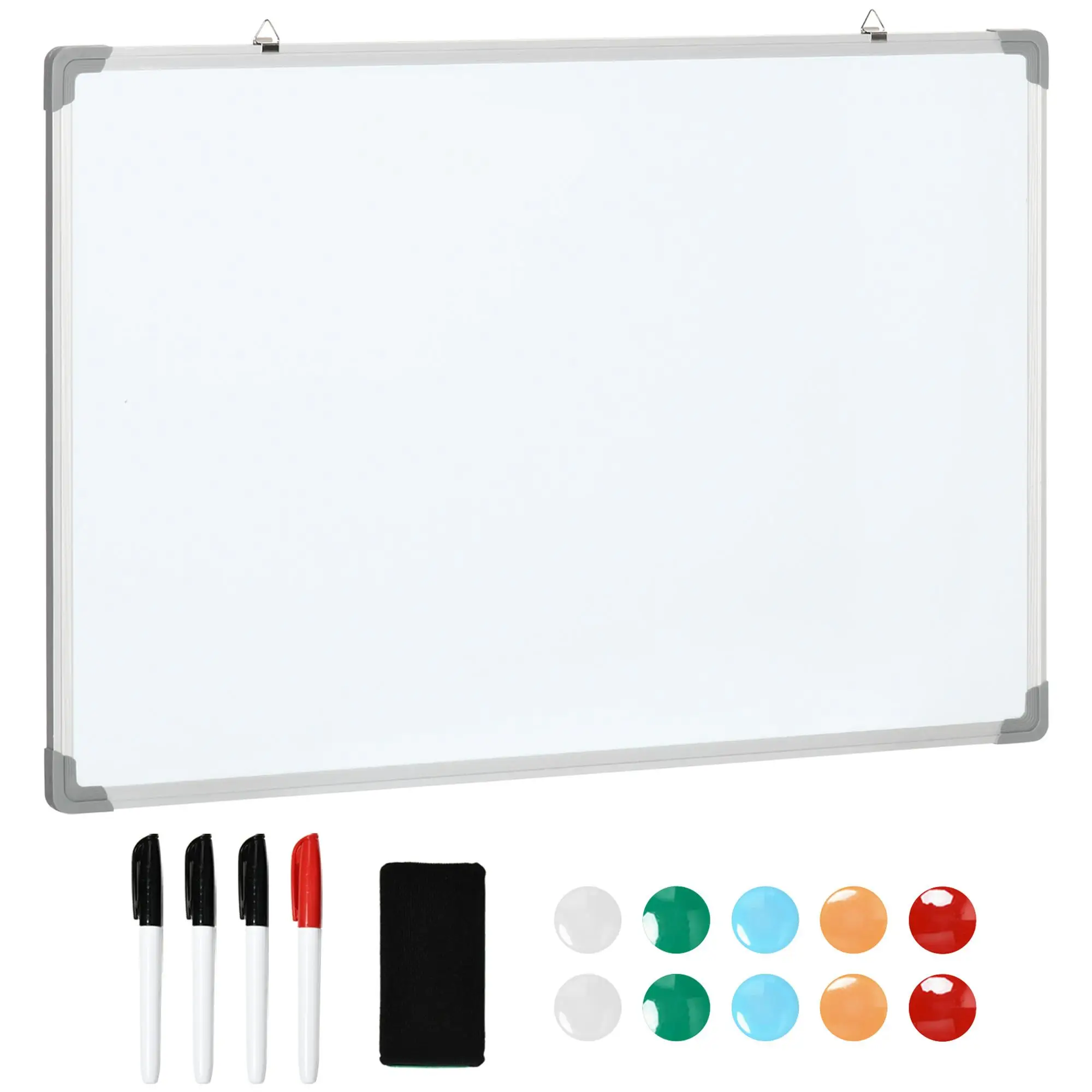 Tableau magnétique 90x60 cm avec cadre en aluminium, 4 cheminées et 10 aimants, Blanc + Argent