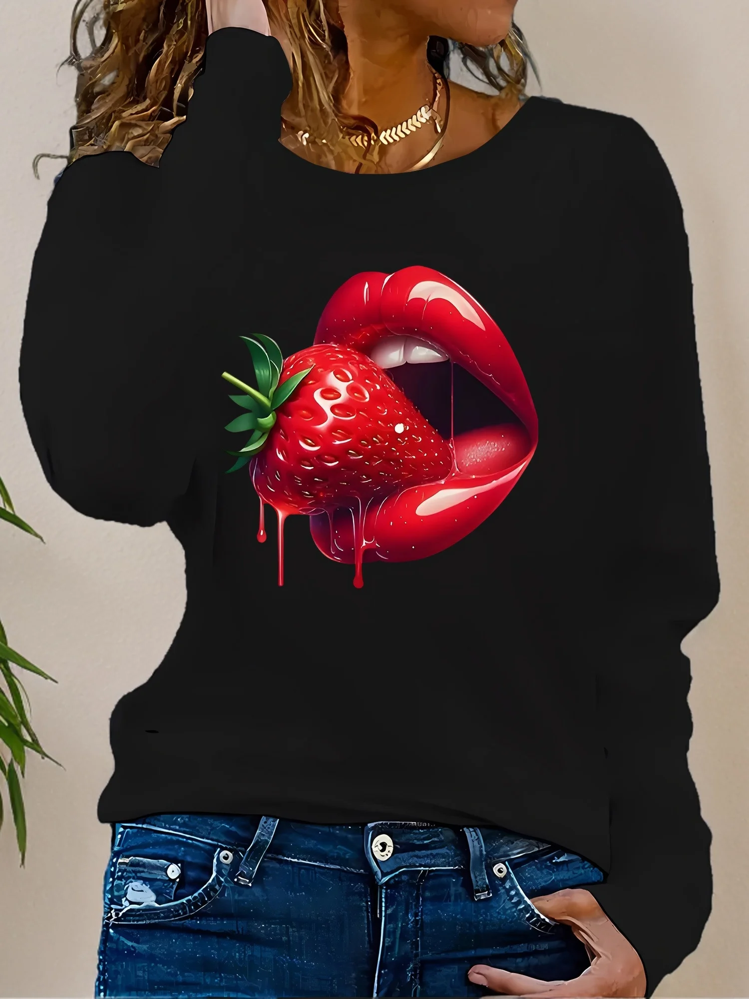 Women'S Casual Long Sleeve T-Shirt, Strawberry Lip Print Pattern Top, Round Neck, Breathable, Comfortable And Fashionable T-Shirt