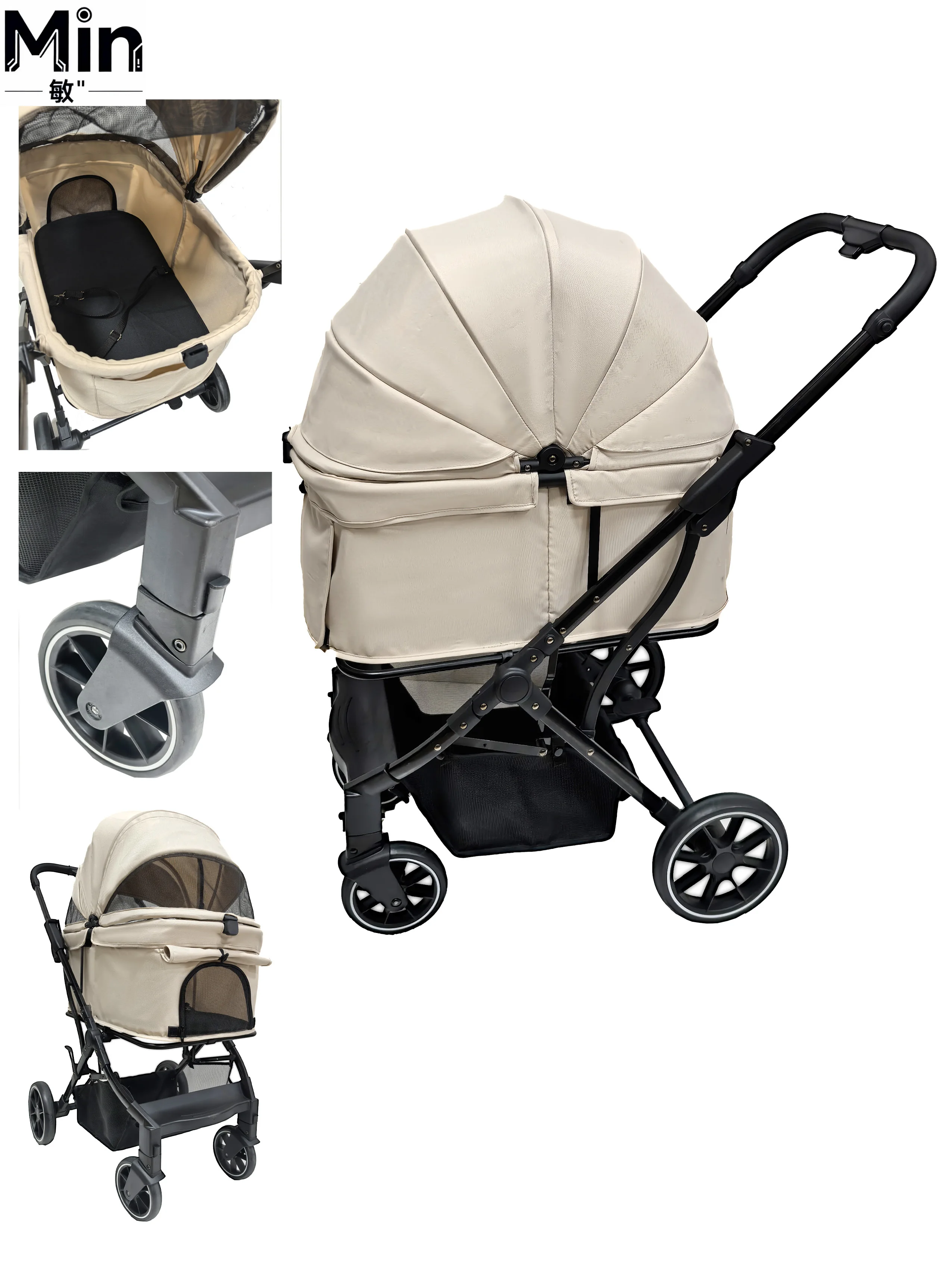 Color Aluminum Pet Stroller One Hand Automatic Folding Durable Adjustable Large Wheel Pet Carrier