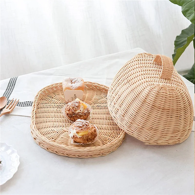 

A64K 4X Rattan Storage Tray With Cover,Hand-Woven Wicker Baskets,Bread Fruit Food Breakfast Display Box,For Food, Fruit,Cake