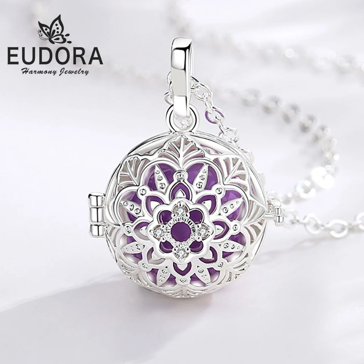 Eudora 18mm Harmony Ball Lotus Flower Cage Pendant Pregnancy Chime Bola Angel Caller Necklace Fashion Jewelry for Women gift