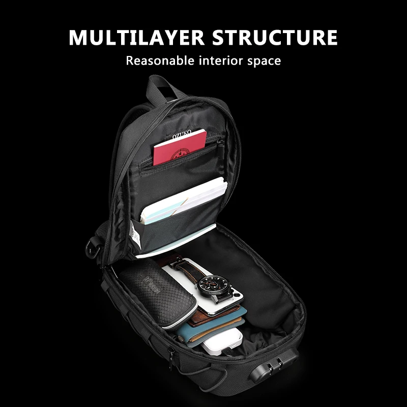 OZUKO Multifunction Men Shoulder Bag Anti-theft Chest Bags for Men Waterproof Sling Messenger Bag Male USB Charge Crossbody Bag