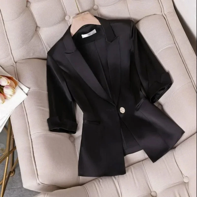 2024 New Spring Summer Women\'s Blazer Korean One Button Short Casual Three-Quarter Sleeve Office Suit Jacket Women Blazers Tops