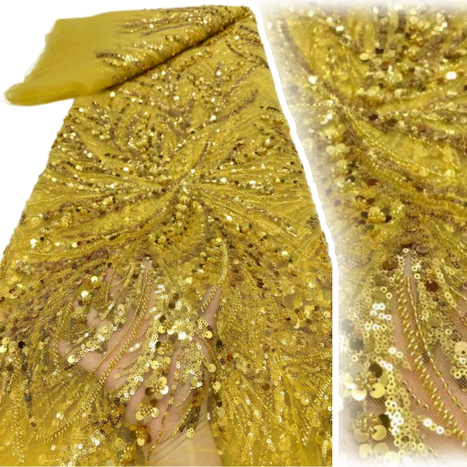 

African Gold Beaded Lace Fabric 2026 High-Quality French Nigerian Sequins Embroidered Mesh Lace Fabric Wedding Party Dress 2319