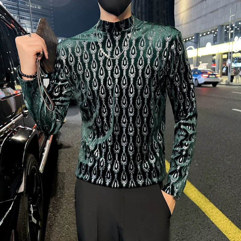 2023 Autumn Winter Velvet T Shirt Men Long Sleeve Half Turtleneck T Shirts Casual Slim Tees Tops Streetwear Social Tshirt M-4XL