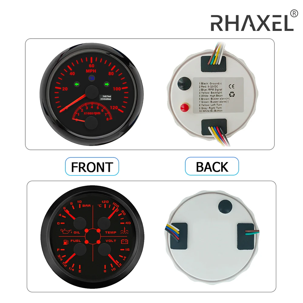 RHAXEL 2 Gauge Set 85mm 2in1 Speedometer GPS 120MPH 4in1 Fuel Level Water Temp. Oil Pressure Voltmeter 12V for Vessels Truck RV