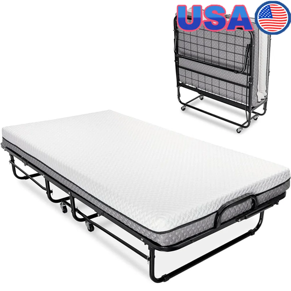 Deluxe Diplomat Folding Bed Portable Twin Size Rollaway Bed with Memory Foam Mattress Durable Steel Frame Space Saving Design