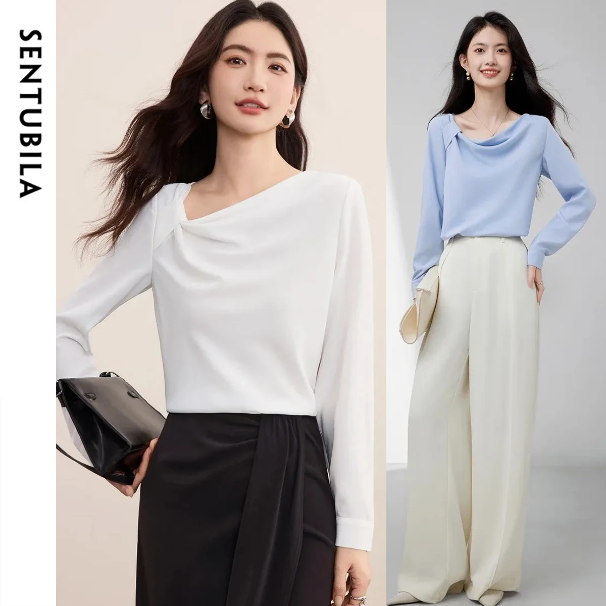 SENTUBILA Women's Elegant Skew Neck Chiffon Shirt 2025 Autumn Loose Edition Commuting Long Sleeve Shirt 153VA2614