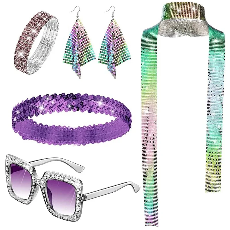 conjunto-de-fantasia-disco-dos-anos-70-acessorios-coloridos-com-lantejoulas-lenco-e-brincos-Oculos-de-sol-brilhantes-conjuntos-para-festas-dos-anos-70