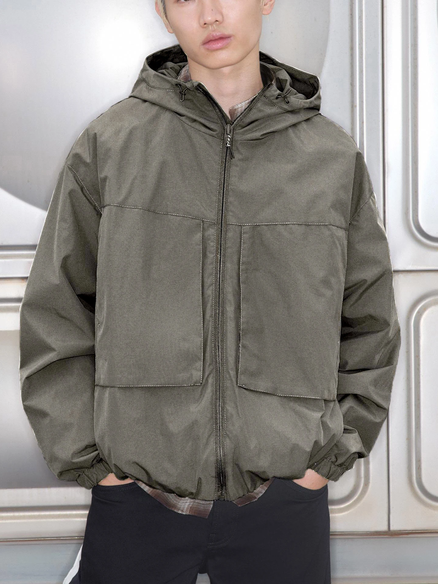 

Warm Fce Lined Jaet Tech Fabric Patchwork Men's Casual Sle Hooded Zipper Closure Outerwear for Autumn Season