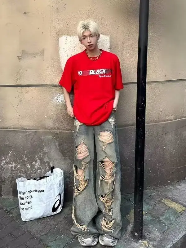 

Мужские джинсы American Sle Streetwear: весенне-осенние, с низкой посадкой, прямые, свободного кроя, в стиле High Street, с эффектом потертости и дырками