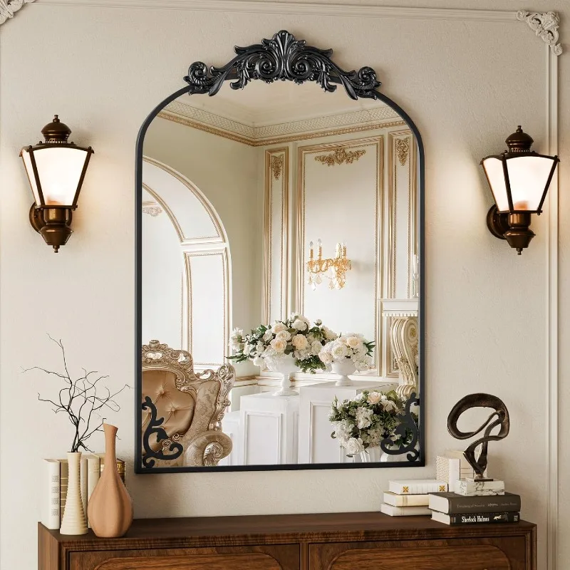 Vintage Mirror, 24x36 Antique Barolon Mirror for Wall, Black Frame with Intricate Ornate Patterns, Detachable Flower Heads