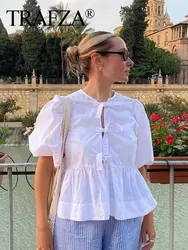 TRAFZA-Blusa con lazo a rayas para mujer, camisa holgada de manga abombada a la moda, Tops elegantes Vintage para verano, 2024