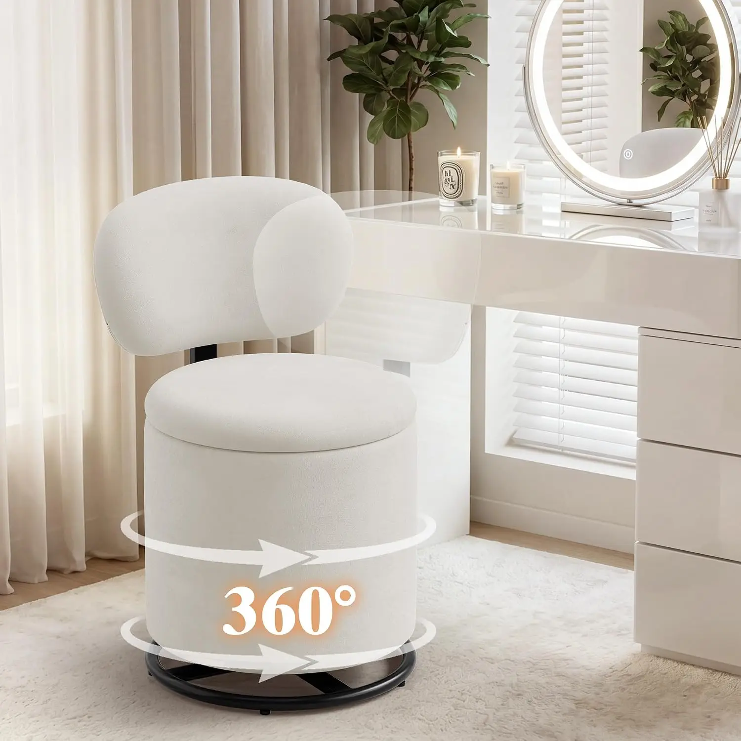 360° Swivel Velvet Vanity Chair with Ergonomic Backrest & Hidden Storage Compartment – Makeup Stool for Bedroom or Dressing Area view 3
