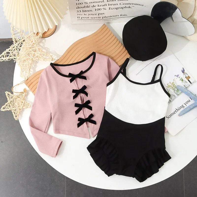 Traje de baño con lazo para niñas, bañador de moda coreana, Color negro y rosa, sombrero de verano, ropa de playa, 3 uds./Set