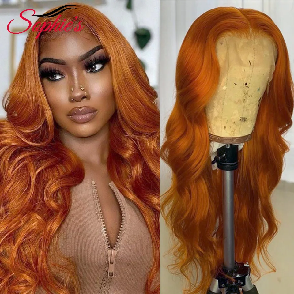 Sophie\'s-pelucas con cierre de encaje para mujer, pelo Remy brasileño ondulado con pelo de bebé, Color naranja jengibre, 4x4, 13x1