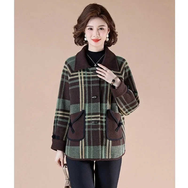 Mãe outono inverno casaco de lã moda meia-idade idosos feminino estilo ocidental nobre xadrez lã jaqueta feminina outwear