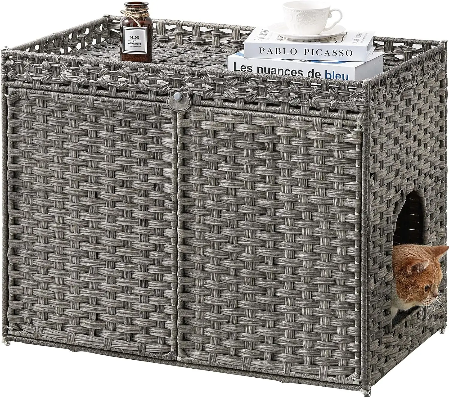 

Handwoven Rattan Cat Litter Box Enclosure with Mat, Large Space Furniture for Indoor Living Room, Gray