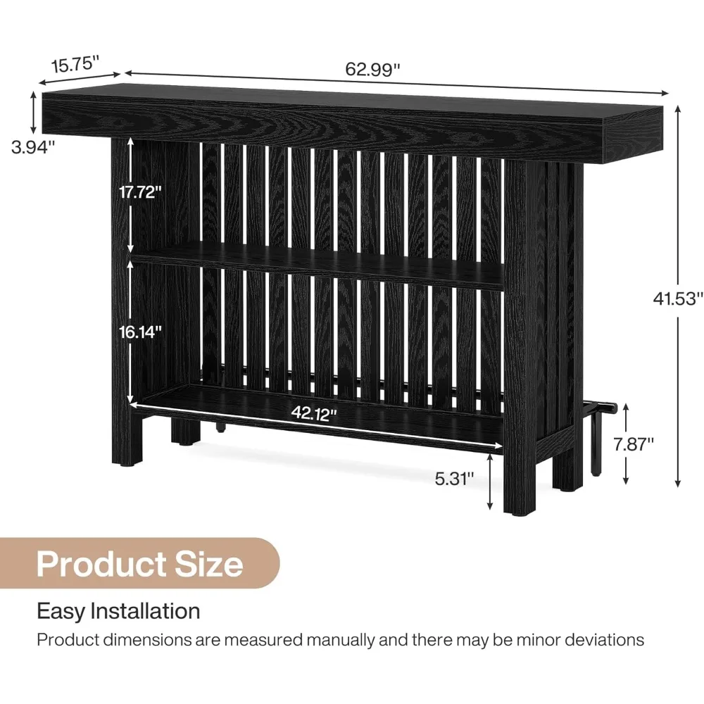 Black Large Home Bar Unit, 2-Tier Mini Bar Table Height Pub Table with Footrest, 63-Inch Modern Coffee Bar Cabinet for Home Kitc