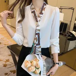 Women V-Neck Long Sleeve Chiffon Shirts Elegant Temperament Casual Tops Simplicity Office Lady Clothes Autumn Fashion New Style