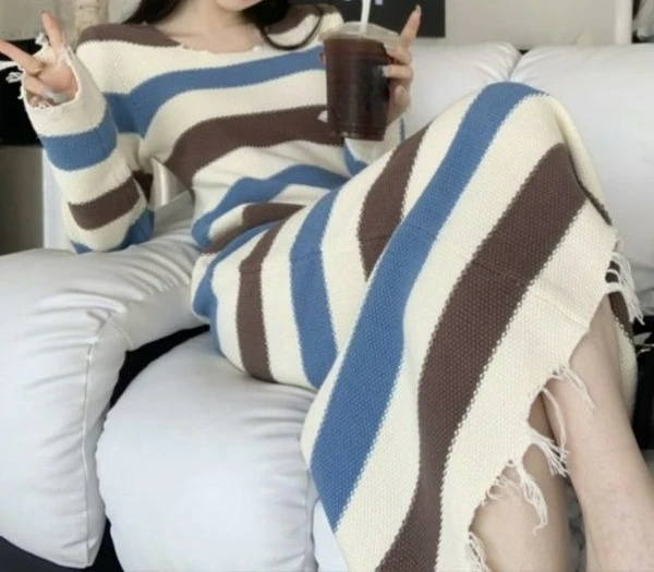 2025 vestido de malha listrado bloco de cores para mulheres outono e inverno fino ajuste camada interna bodycon vestido base camada fenda vestido longo