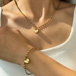 Stainless Steel Set French Vintage You Bead String Chain Heart Pendant Necklace Earrings Set For Women Jewelry Party Matching