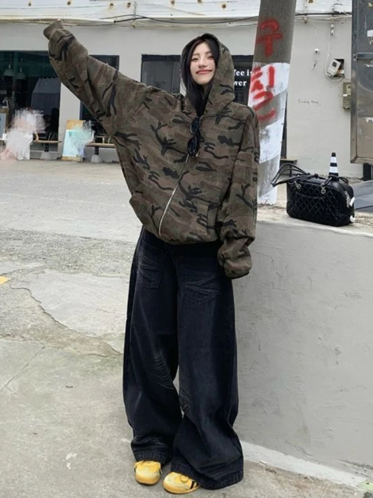 الأمريكية الرجعية نمط التمويه مقنعين البلوز المرأة الخريف عادية سليم صالح جاكيت زيبرا الجمالية الجرونج ثقافة فرعية معطف