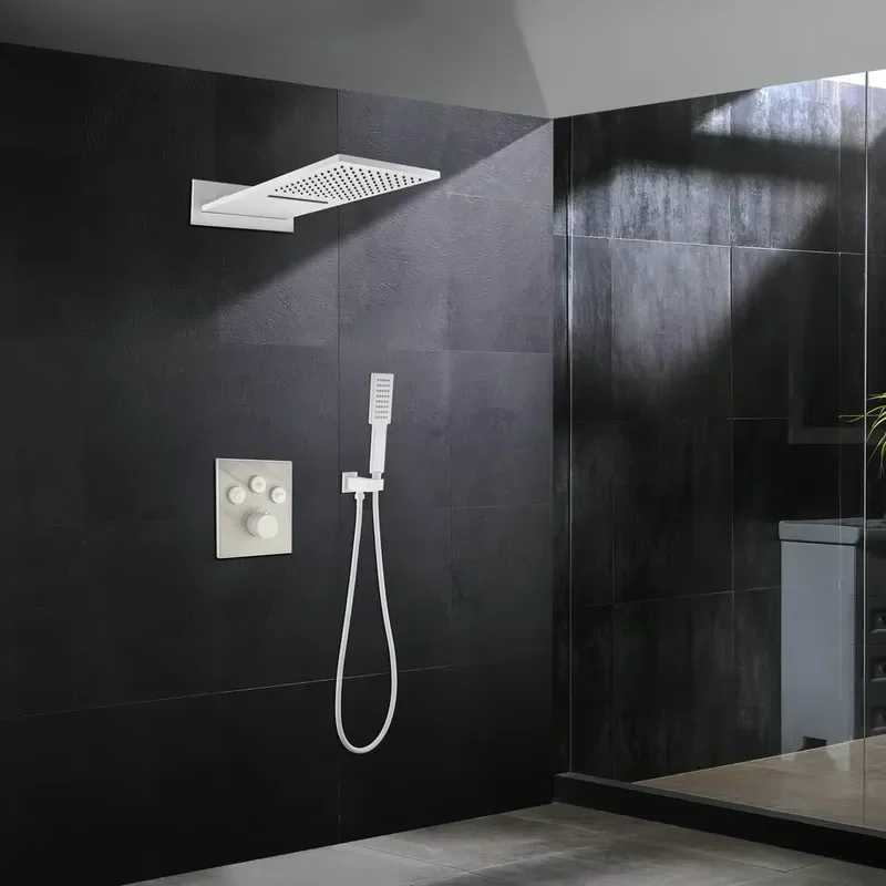 White Color Wall Mounted Push Button Style Control Valve Thermostatic Shower Panel Mixer Set With Top Waterfall